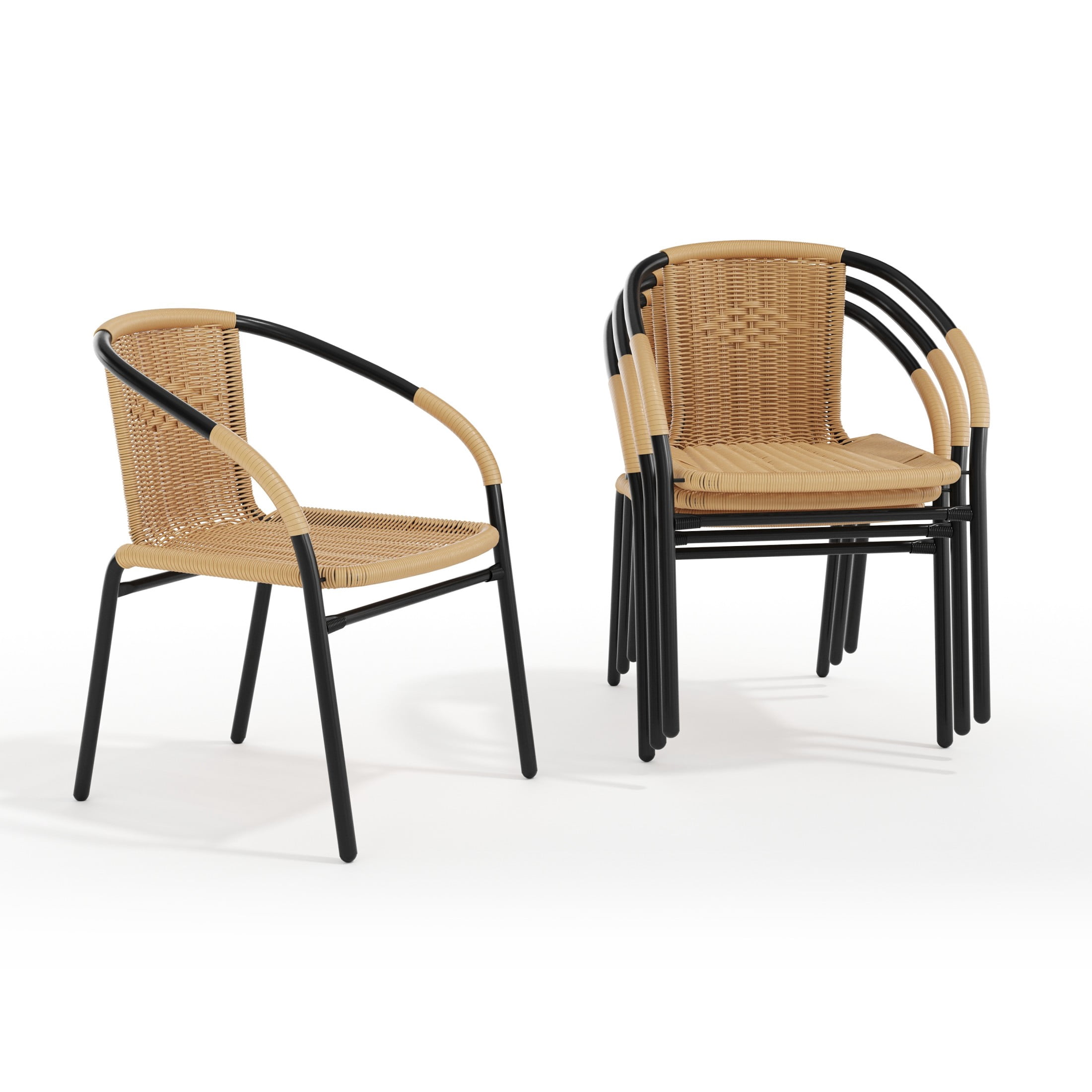 Flash Furniture Set of 4 Commercial Grade Beige Rattan Indoor-Outdoor Restaurant Stack Chairs