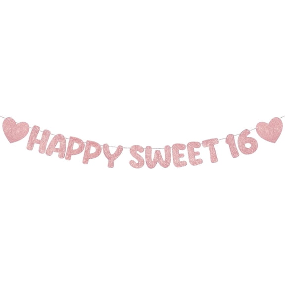 Pre Strung Happy Sweet 16 Banner Glitter Sixteenth Birthday Party Decorations 16th Party Sign Sweet 16 Party Decorations for Birthday Party Bachelorette Party(Rose Gold)