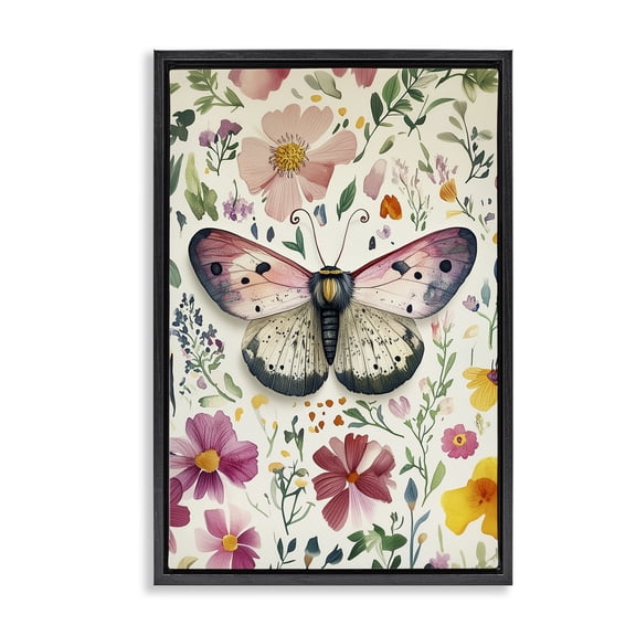 Stupell Industries Botanical Butterfly & Herbs Floral Painting Black Floater Framed Canvas Art Print Wall Art, 17 x 25