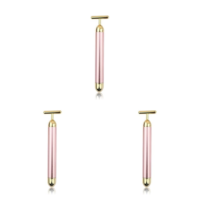 pitrice Rouleau Facial Vibrant en Forme de T Bâton Raffermissant Soin de la Peau Anti-Rides Masseur Portable à Piles Rose 3Ensemble