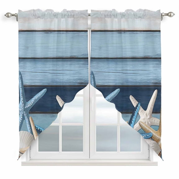 Swag Curtains Valances for Windows, Vintage Coastal Short Kitchen Window Curtains Over Sink, Wood Texture Starfish Shell Cafe Curtains Panel Set Of 2,Rod Pocket, 63 Inches Length Aqua Blue Ivory