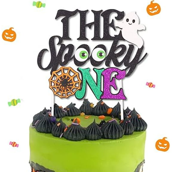 The Spooky One Cake Topper Glitter 1st Birthday Cake Topper with Ghost Spider for Kids Halloween Themed First Birthday Party Decoration