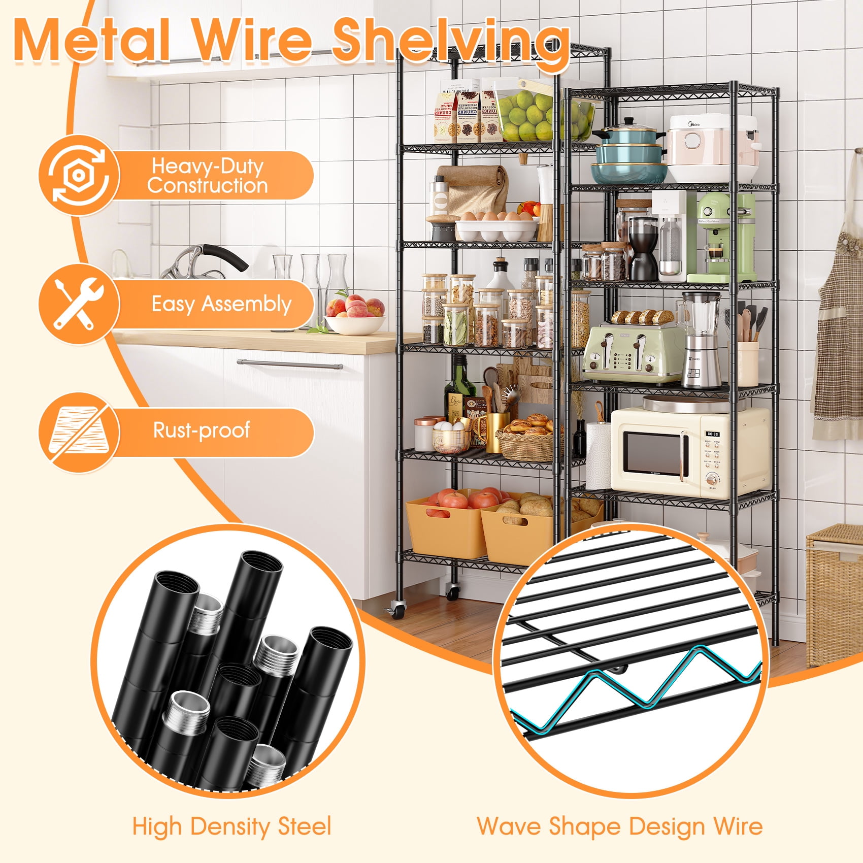 6-Tier Adjustable Wire Shelving Unit on Wheels, 750lbs Capacity - Powder-Coated Carbon Steel Heavy Duty Metal Shelves, Rolling Storage Shelves for Garage, Closet & Kitchen 24"W x 14"D