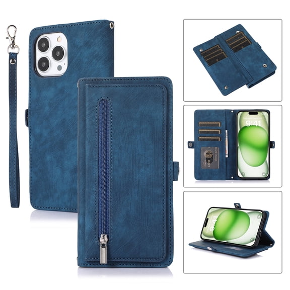 Cutyskin for iPhone 15 Pro Max Case Wallet, Crossbody Strap & Lanyard Magnetic Clasp with RFID Blocking [9 Card Slots] Flip Kickstand, Outerside Zipper Pocket Cover Men Women,Blue