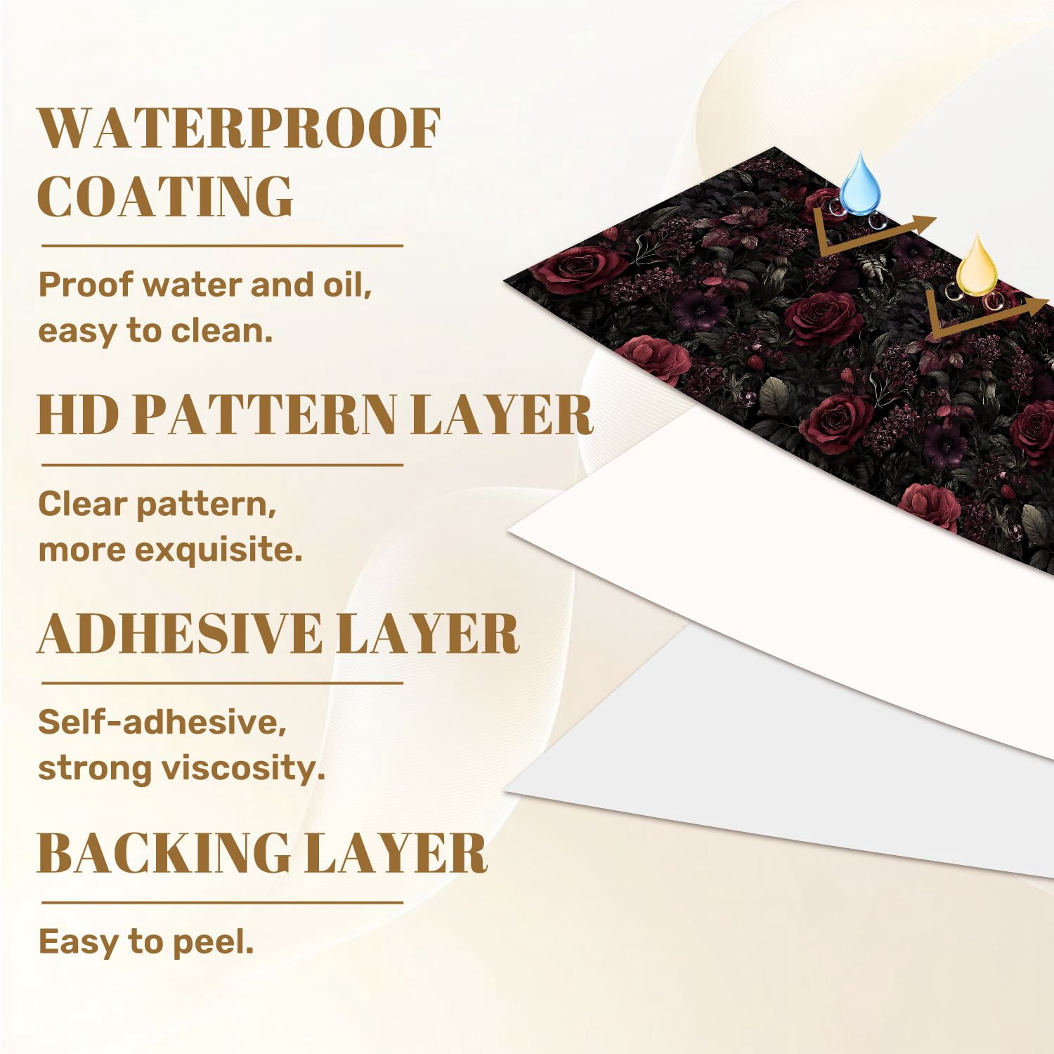 Peel and Stick Wallpaper Deep Burgundy Roses Dark Floral Black Wall Mural 23.6in x 9.8ft Self Adhesive Removable Wall Paper Renter Friendly Wallpaper for Nursery Bedroom Cabinets