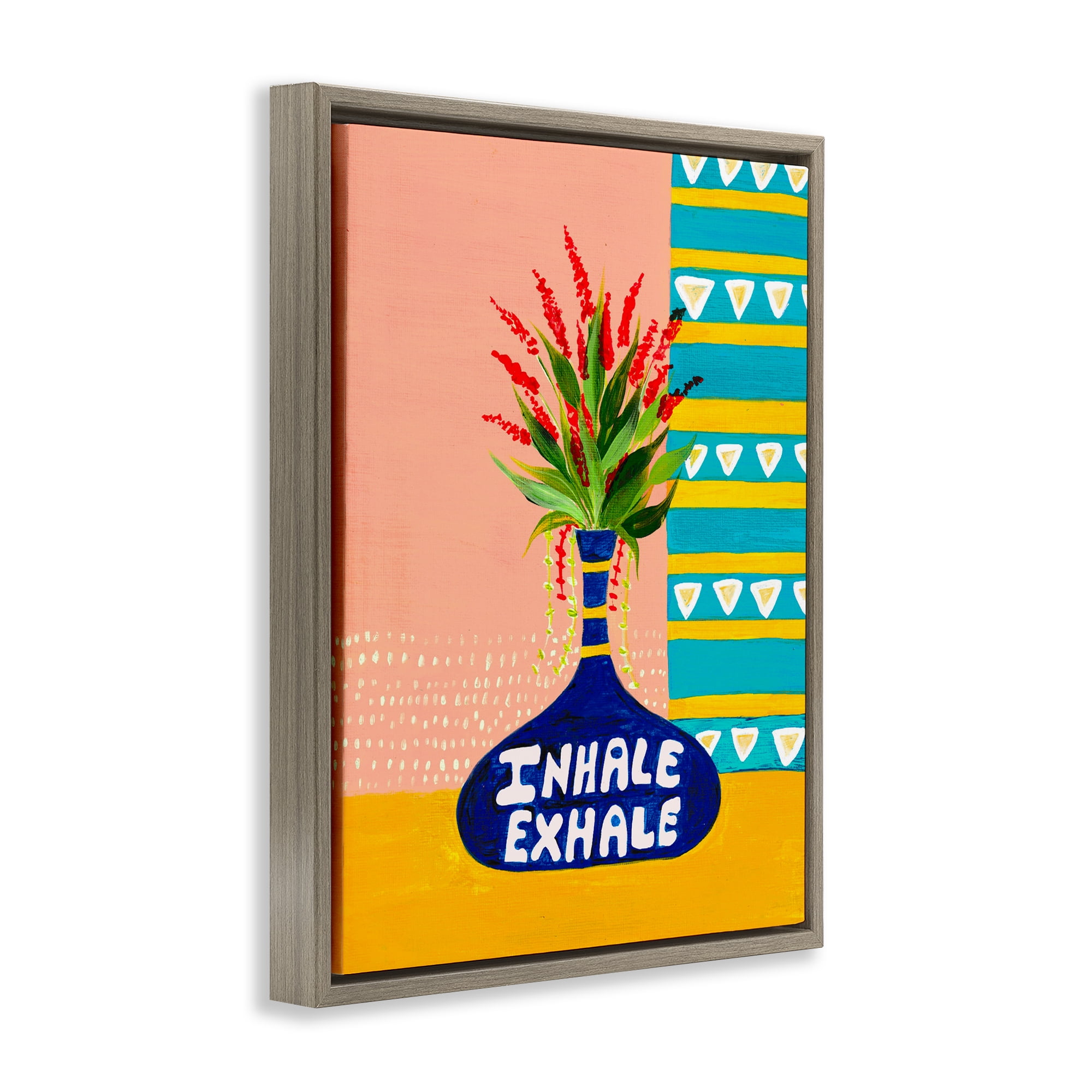 Inhale Exhale Flower Vase Brown Framed Floater Canvas Wall Art, design by Nabeela Rumi