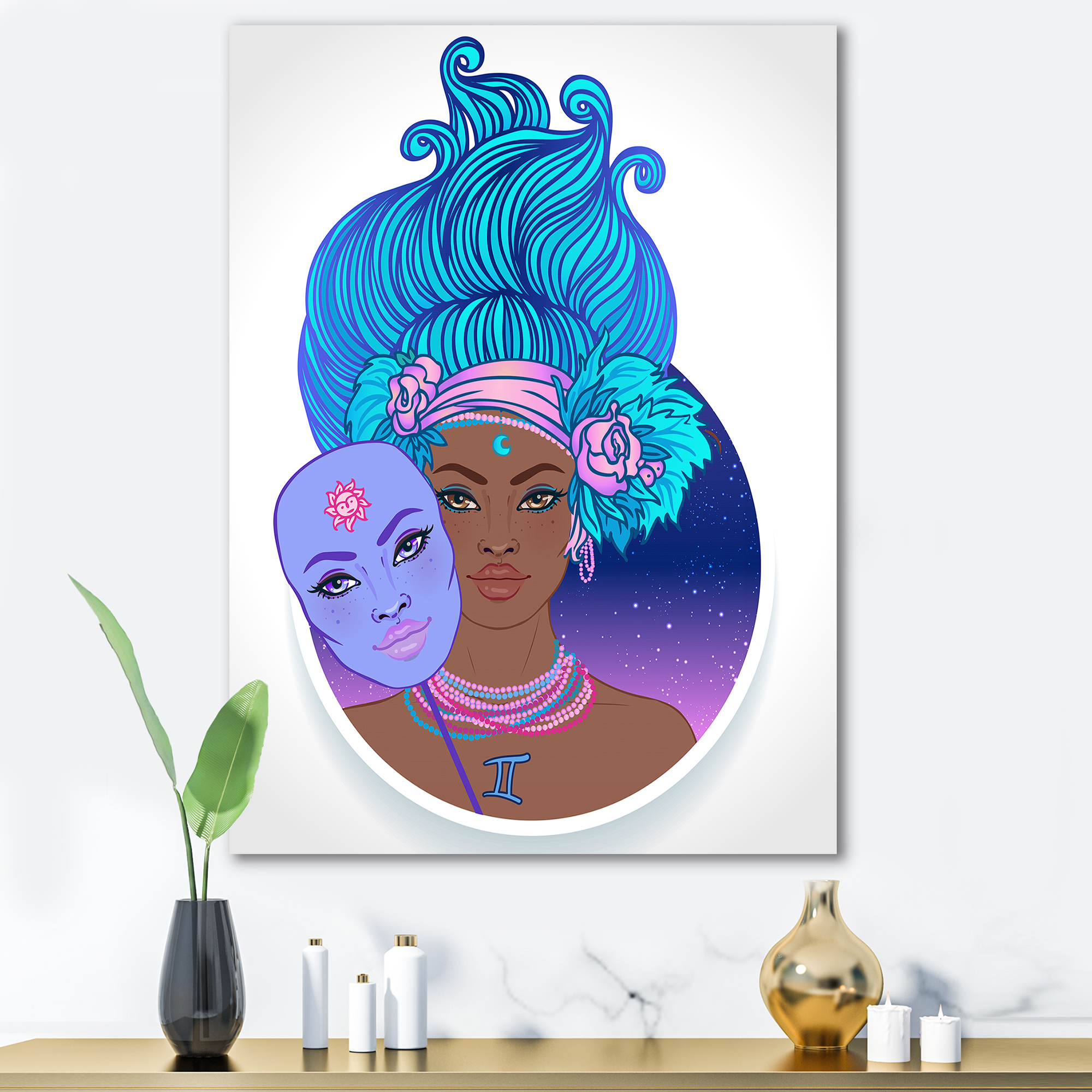 Portrait of Afro American Girl With Blue Hair II 12 in x 8 in Painting Canvas Art Print, by Designart