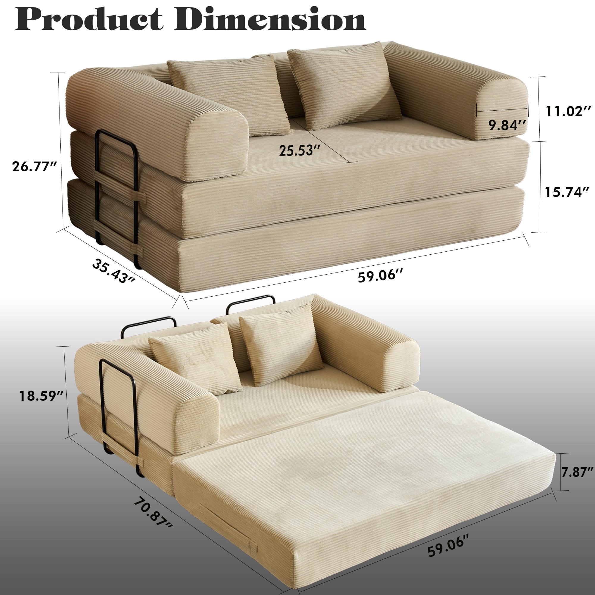 BSHTI 59" Corduroy Convertible Sleeper Sofa Bed with Cylindrical Pillow, No Assembly, Small Space for Living Room（Beige）