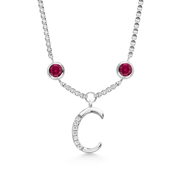 Gem Stone King 925 Sterling Silver Initial Letter Charm Pendant Necklace for Women with Moissanite and Created Ruby - Elegant Dangling Design on 18 inch Box Chain