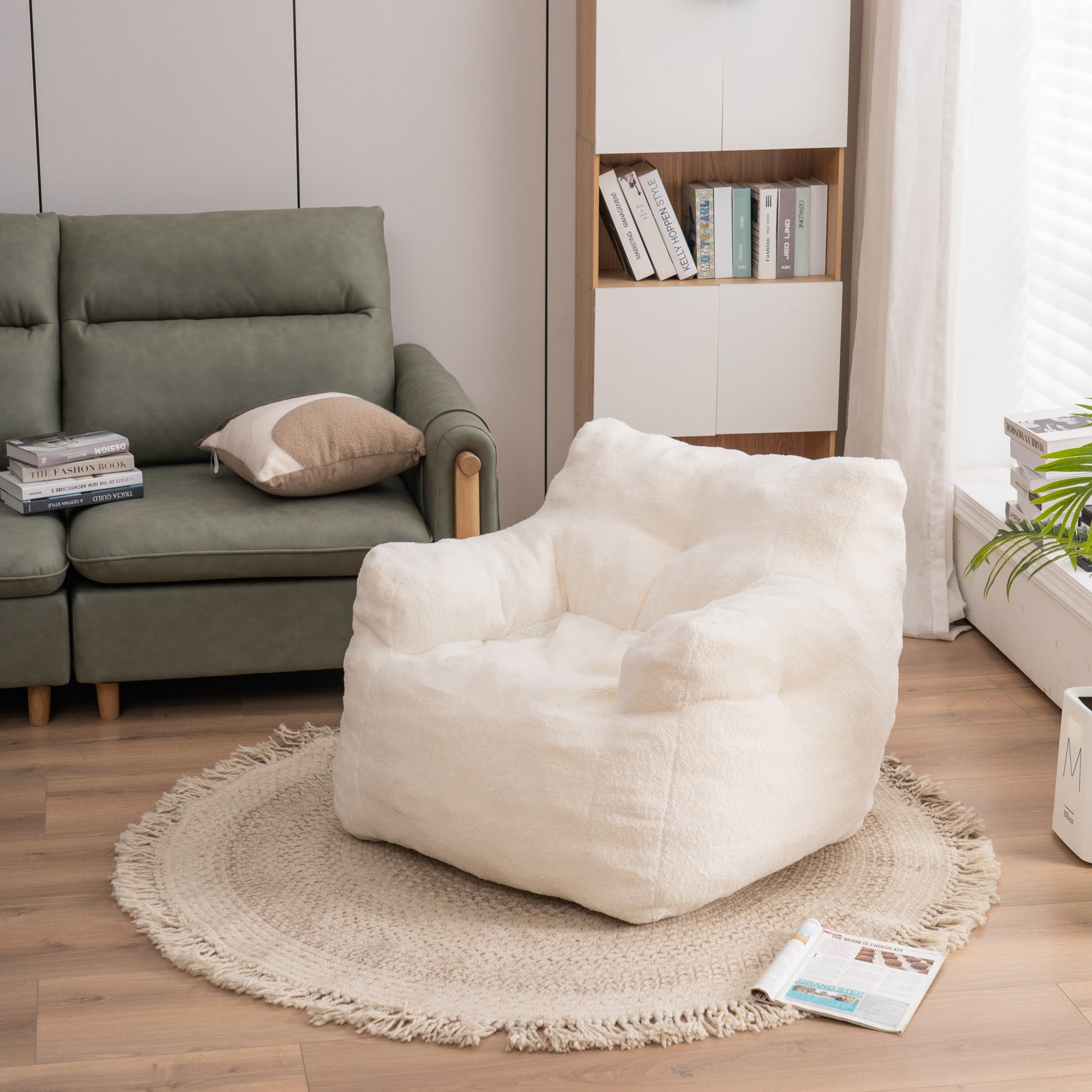 Noble House Quinci 39" Teddy Tufted Bean Bag Chair, Memory Foam Floor Lounger Accent Seat for Bedroom, Ivory