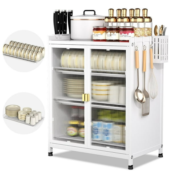 Mueble para Trastes de Cocina, Organizador de Trastes de 3 Niveles con Puerta, Estante de Microondas, Gabinete para Cocina, 59x45x28 CM