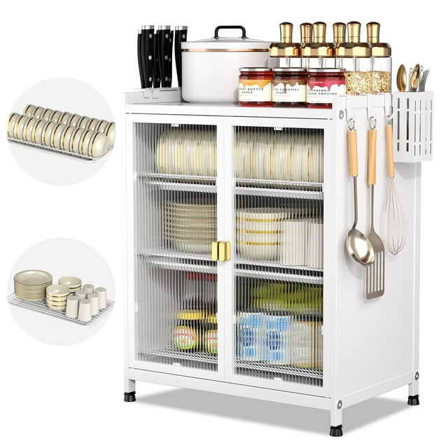 Mueble para Trastes de Cocina, Organizador de Trastes de 3 Niveles con Puerta, Estante de Microondas, Gabinete para Cocina, 59x45x28 CM