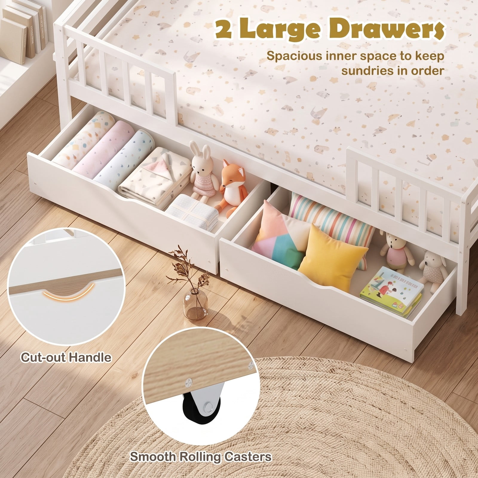 Furnibear Full Size Wood Daybed with Full Fence Rails and 2 Pull-Out Storage Drawers for Kids and Teens Bedroom and Nursery, White