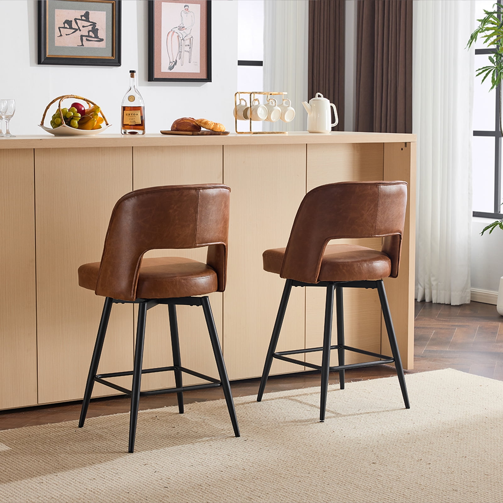 Ktaxon Swivel Barstools 2 Set, Counter Height Chairs 26in Padded Bar Height Upholstered Stools, Brown