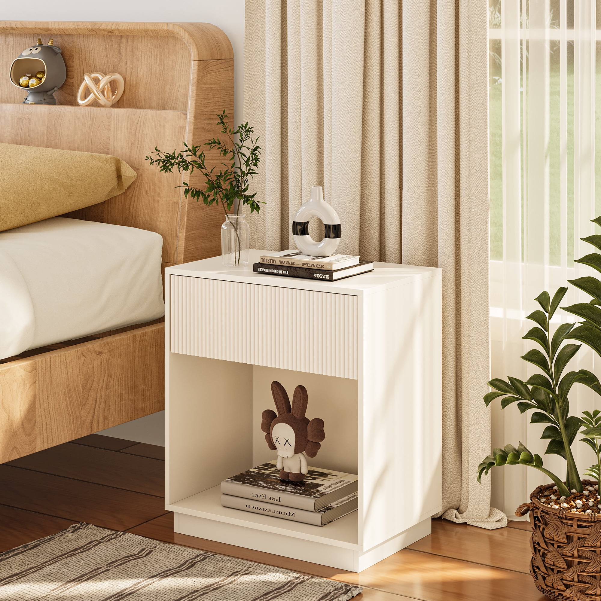 Fluted Nightstands Set Of 2, Modern Mid - Century Wood Bedside Table With Drawer & Open Storage Shelf, End Table For Bedroom, Living Room, Office, Sofa Side Couch White