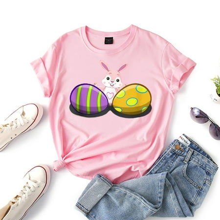 

Huachen Fashion Women Easter Bunny Print Short-Sleeved Round Neck Novelty Graphic Tops Pink/M