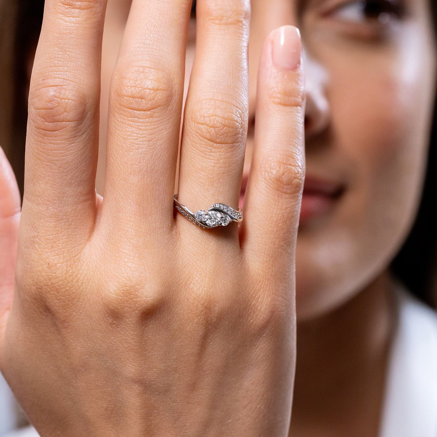 Angara Natural Diamond Three Stone Engagement Ring for Women in 14K White Gold - April Birthstone Jewelry | Round Diamond Ring (Ring Size - 7.5)