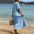 thumbnail image 5 of Vivianyo HD Women's V-Neck Fringe Trim Maxi Dress, Short Ruffle Fringe Sleeve Solid Linen Blend Loose Casual Summer Dresses for Women Vacation, Women's Light Blue, Sizes S-2XL, 5 of 7
