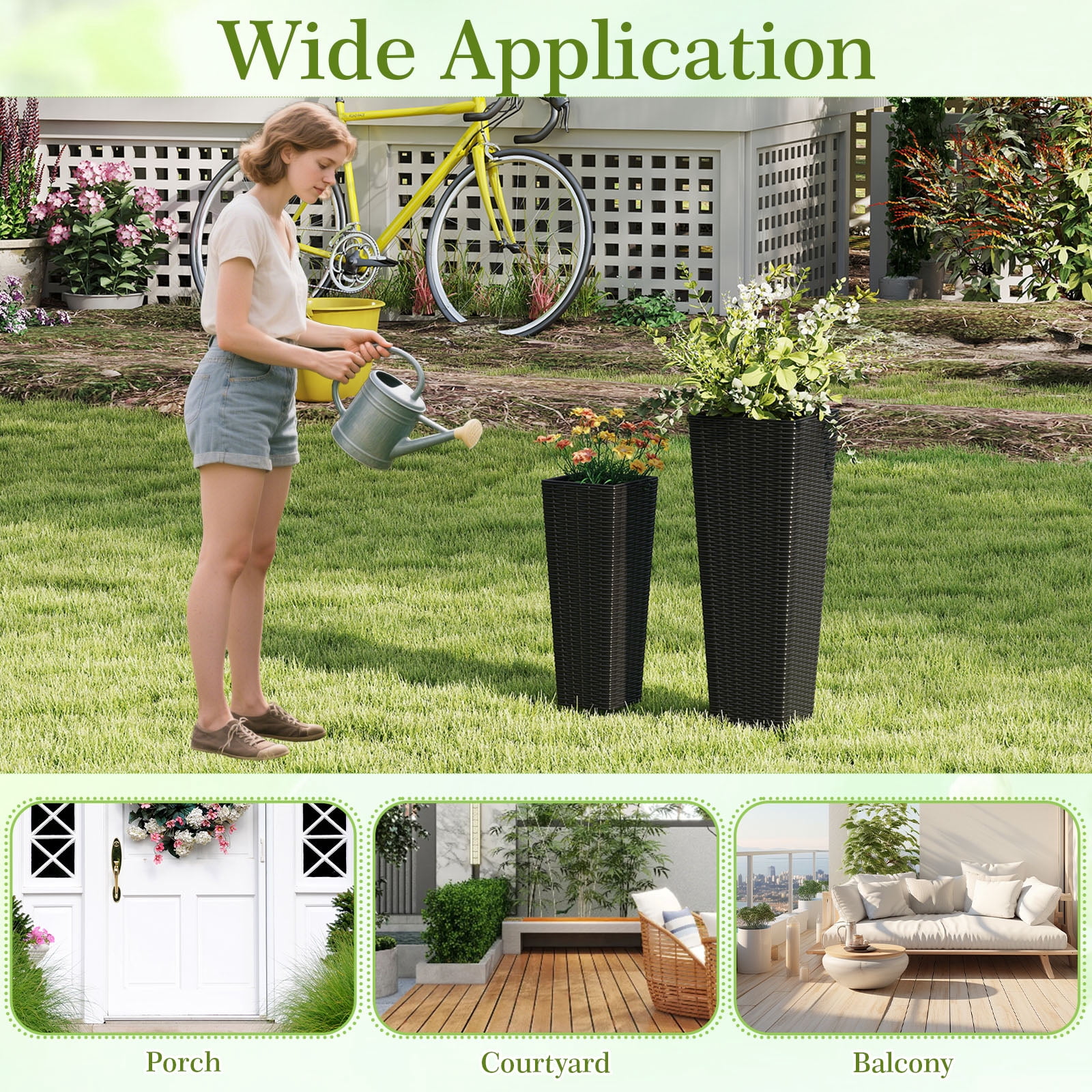 Patiojoy Set of 2 Planters for Outdoor Plants Tall Tapered Plants w/Inner Trays Drainage Holes Black