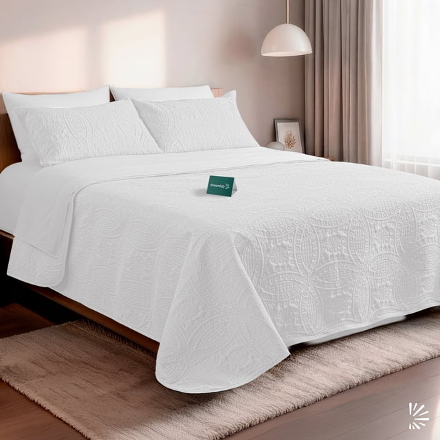 Edredón Queen Ligero y Juego de Sábanas con Fundas de Almohada Decorativas 7 Piezas Dreamlab Moneda Blanco