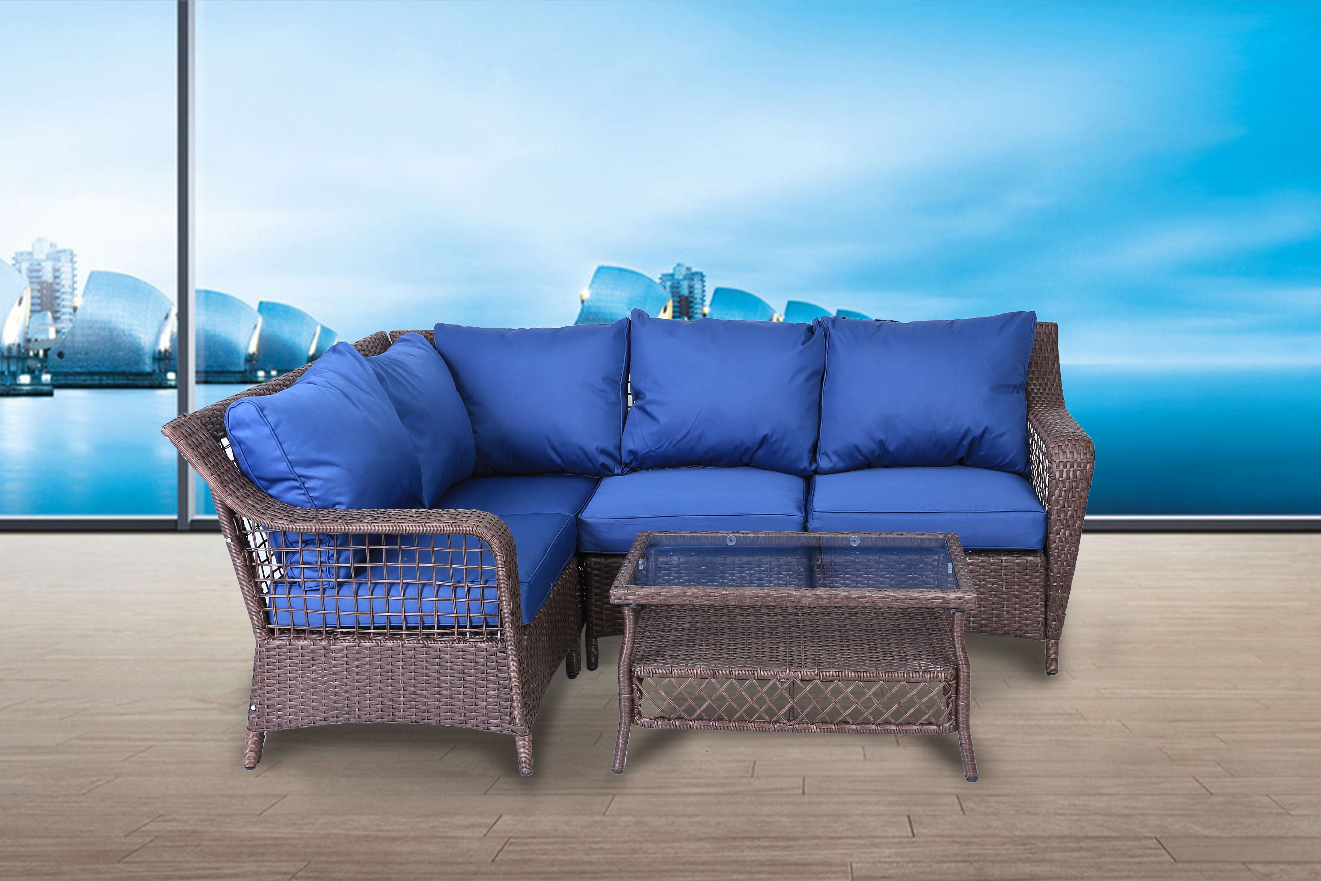5pc Outdoor Pe Wicker Rattan Sectional Soft Set With Dark Blue Seat And Back Cushions Aluminum Frame Coffee