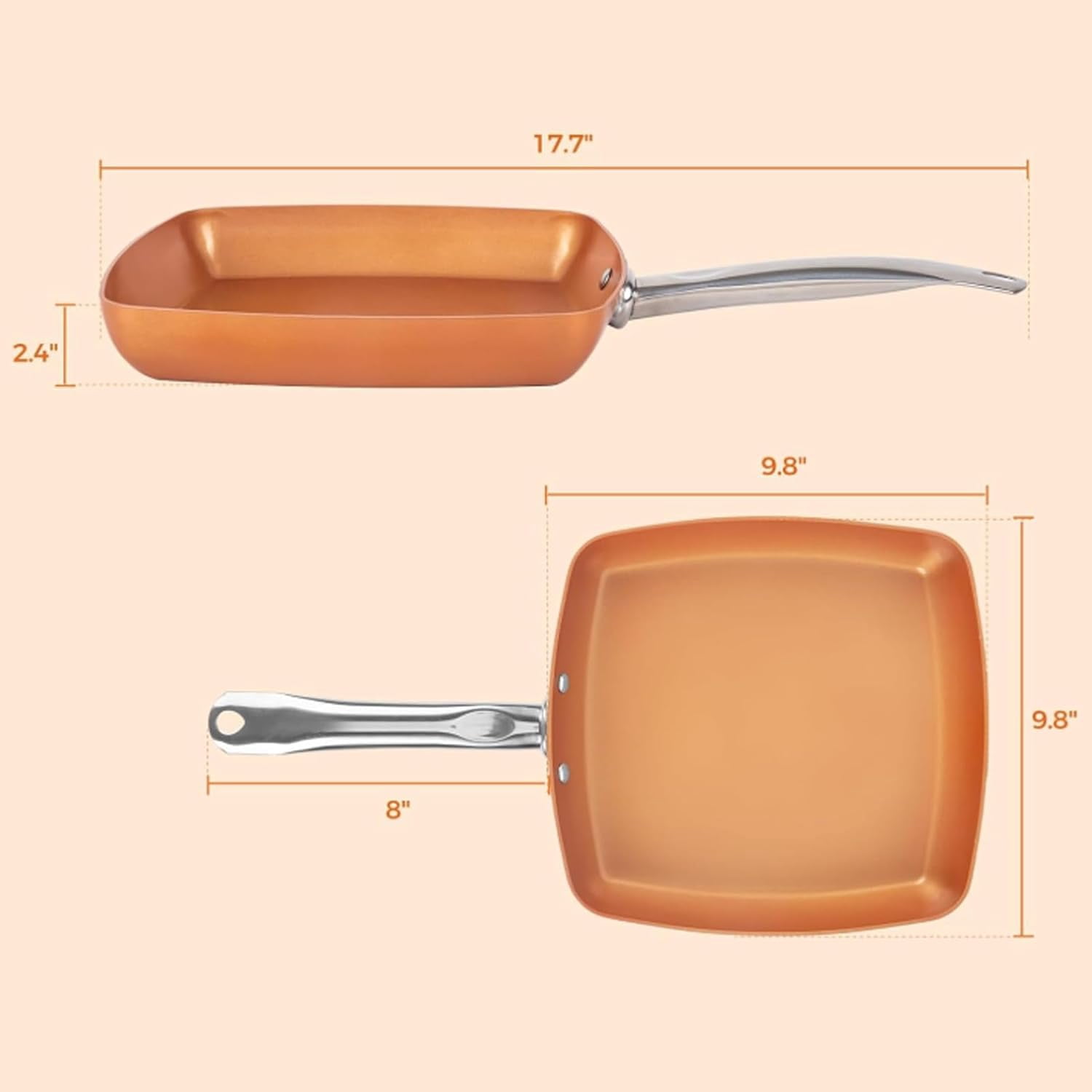 Square Frying Pan Copper Color Aluminum Alloy Non Stick Ceramic Coating Induction Compatible Cookware