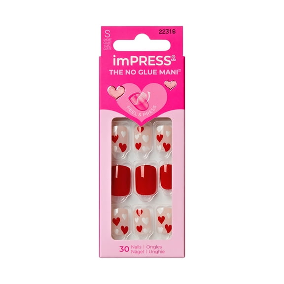 KISS imPRESS Valentine’s Day Press On Nails, Kiss to Remember, Short Squoval, 30 Count