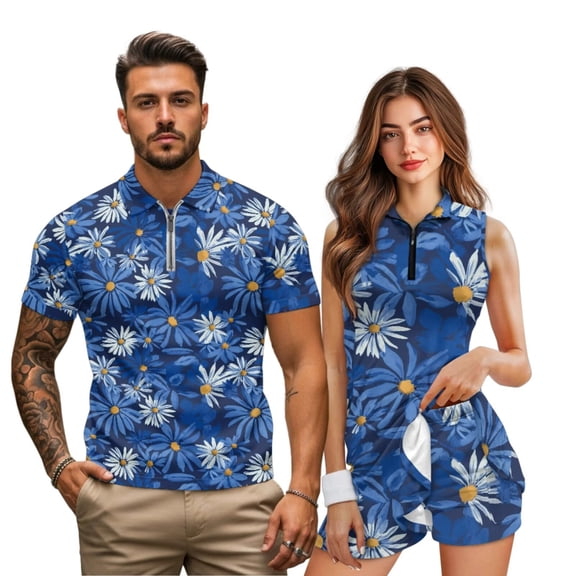 KUIFORTI Funny Couple Golf Shirts Blue Vintage Daisy Moisture Wicking Mens Hawaiian Shirt for Golf,Tennis,Hiking,Running,Gym Cooling Shirts for Men Soft and Comfortable