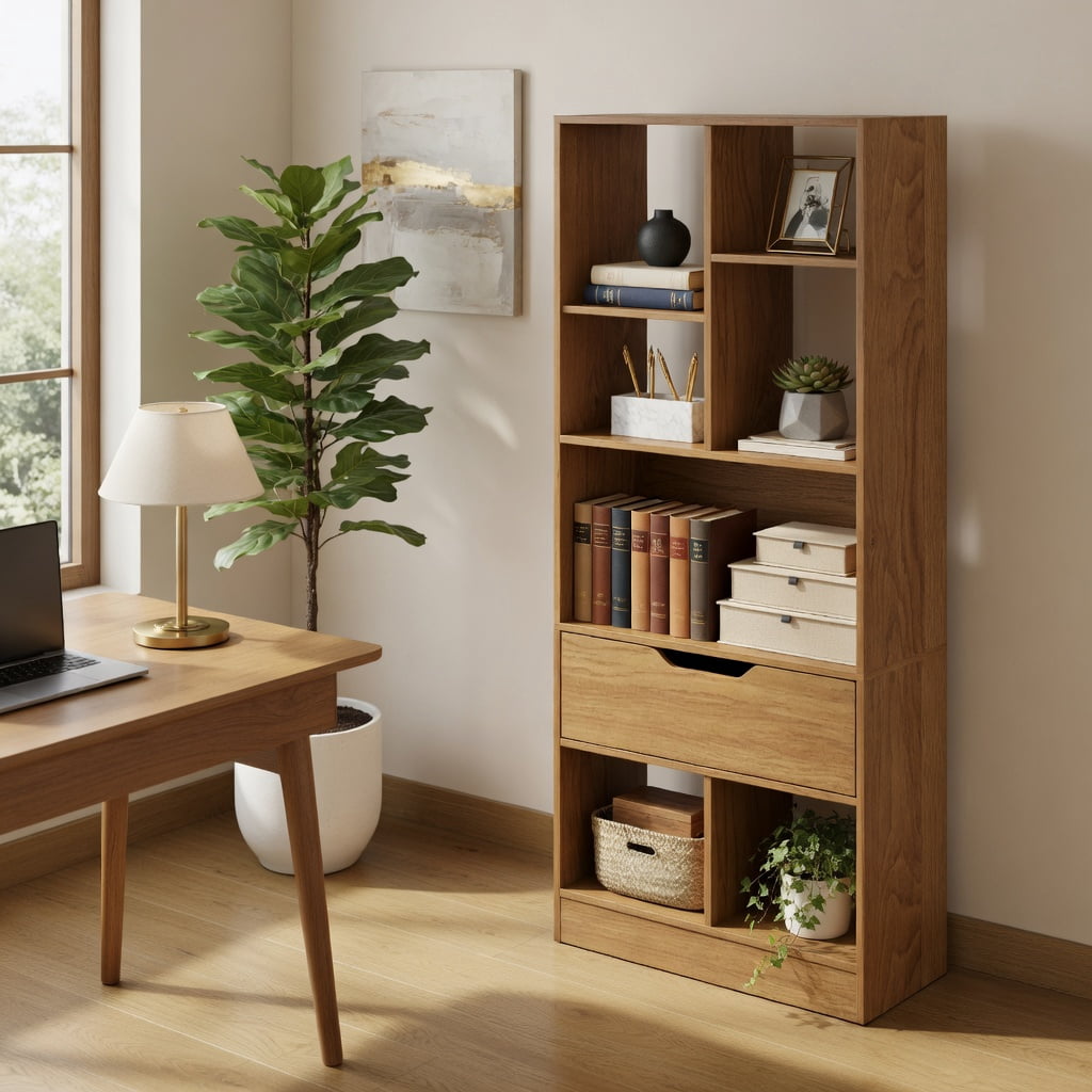 GVN 51inch Tall Freestanding Bookcase 7-Cube Storage Organizer with Drawer Multi-Use Open Shelves for Home Office Study Living Room Books Decor Display, Natural