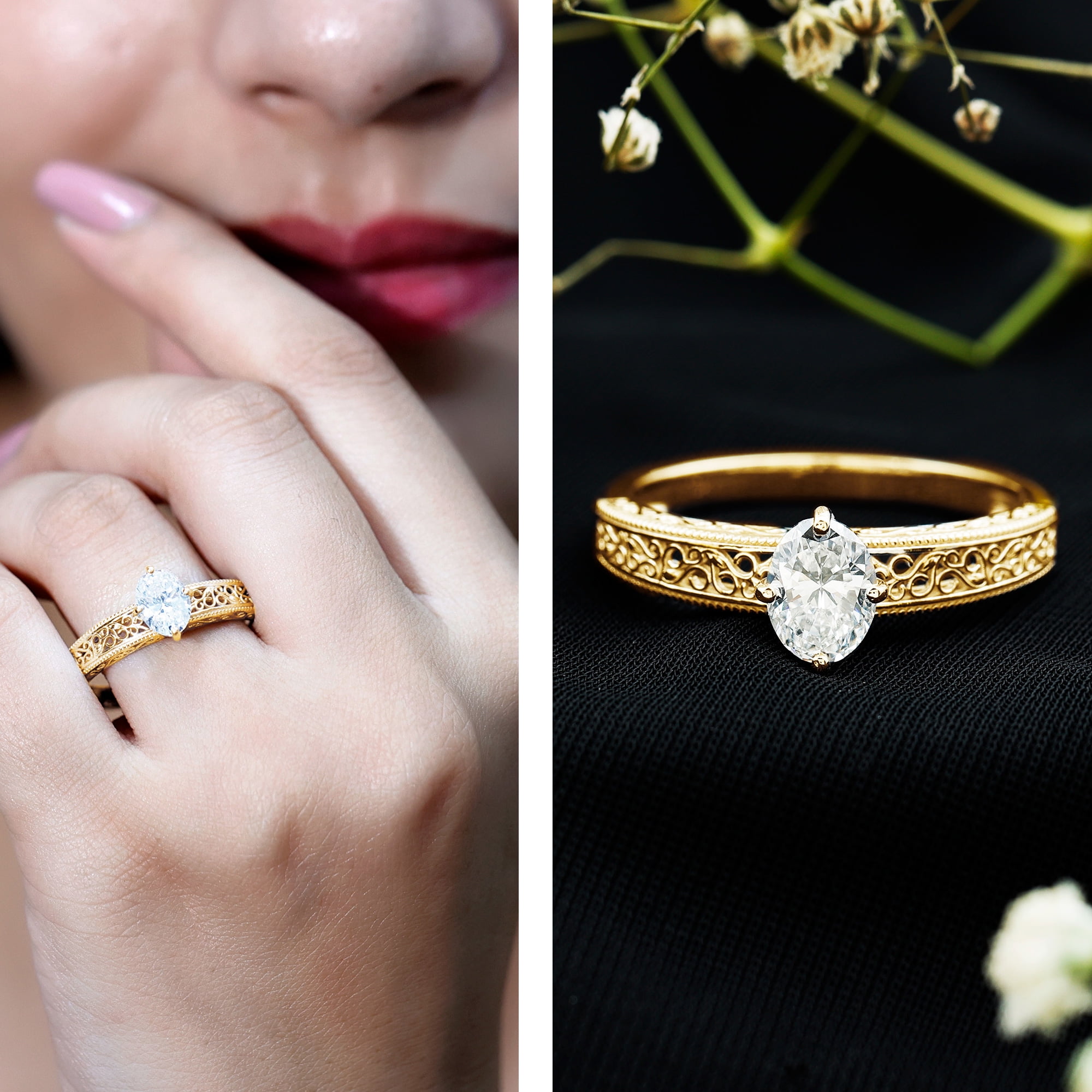 Rosec Jewels Vintage Inspired Lab Diamond Oval Engagement Ring - 1 Carat - Ready To Gift for Women, 10K Yellow Gold, US 9.00