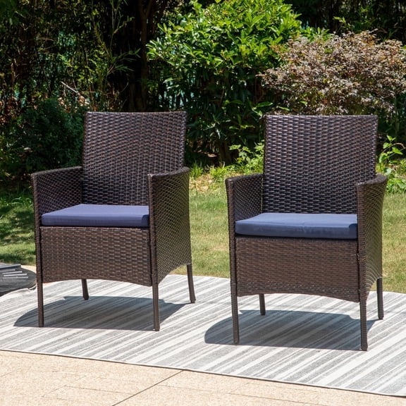 SUMMIT LIVING Outdoor Patio Dining Chairs Set of 2 Rattan wicker patio chairs with Navy Blue Cushions for Patio, Deck, Porch, Dark Brown