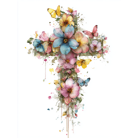 Floral Cross Butterfly Canvas Print, Watercolor Religious Wall Art for Living Room Bedroom Entryway Dining Room Office Decor