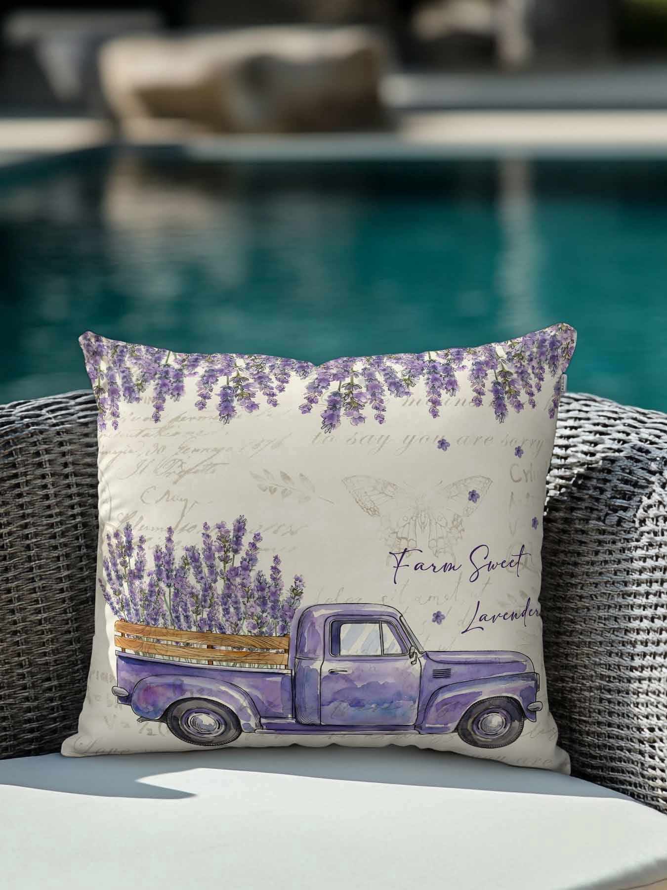 1 Pack Outdoor Throw Pillow, Spring Floral Waterproof Pillow with Insert Included, Purple Lavender Truck Flowers Botanical Beige Decorative Accent Cushion Sofa Pillows for Patio Porch, 18 x 18 In
