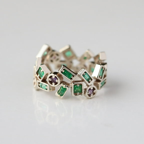 Buguette And Princess Emeruld With Round Amethyst Eternity Band ring, 925 Starling Silver Ring, Band Ring, Cluster Ring, Handmade Jewelry, Birthstone Ring