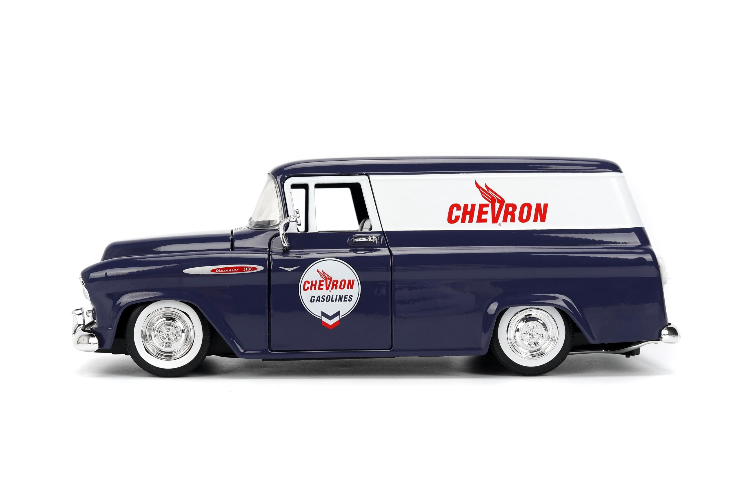 Jada 35044 1957 Chevrolet Suburban Chevron Dark Blue with White Stripes & Chevron Gas Pump Just Trucks Series 1-24 Scale Diecast Model Car