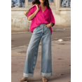 thumbnail image 5 of Women Dressy Casual Blouse Business Short Sleeve Collared Tops Placket V Neck Work Shirt Deep pink S, 5 of 8