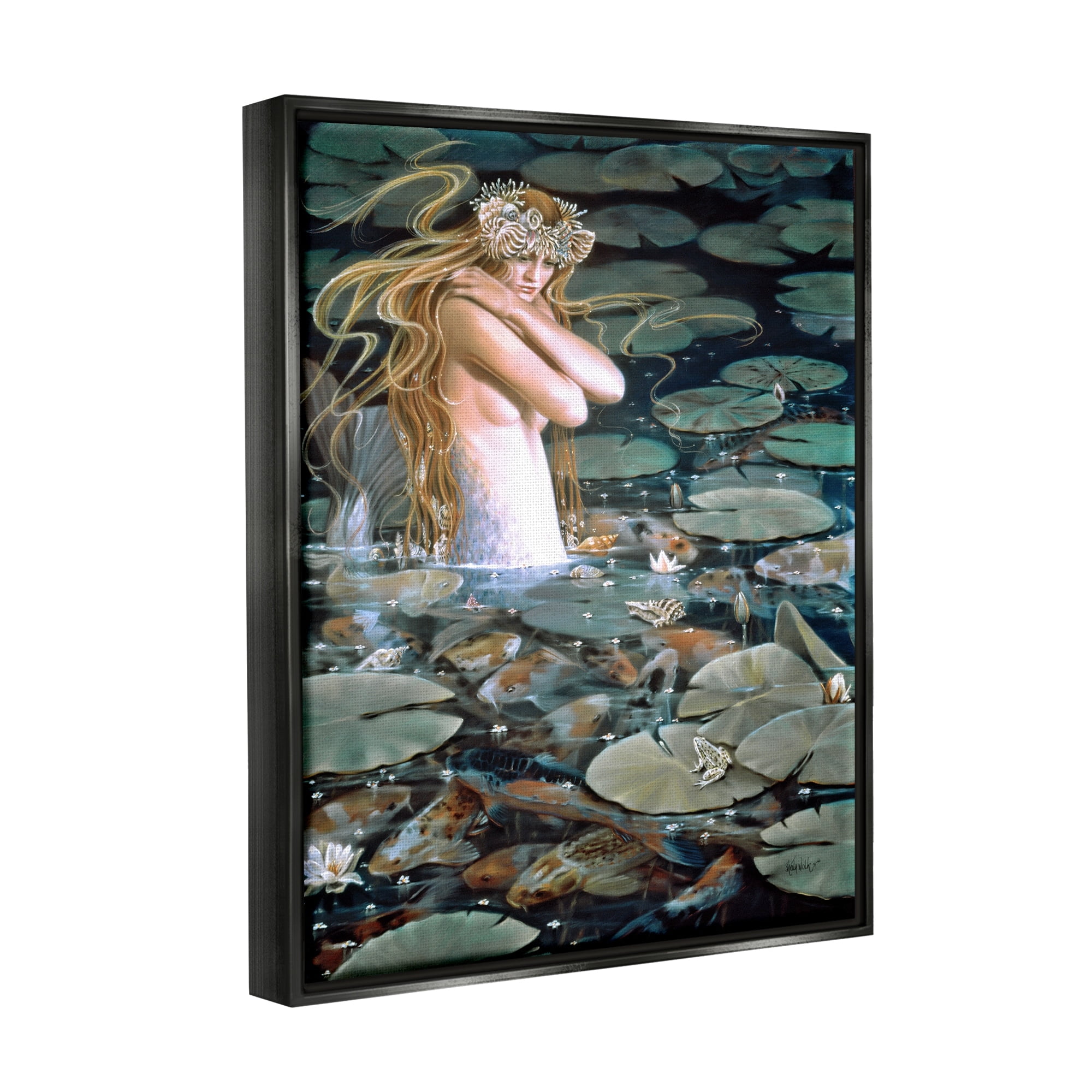 Stupell Industries Mermaid Swimming Among Water Lilies Koi Pond Painting Jet Black Floating Framed Canvas Print Wall Art, Design by Sheila Wolk