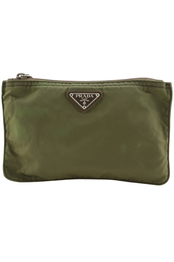 Pre-Owned Prada pouch, nylon, khaki, zipper closure, unisex.