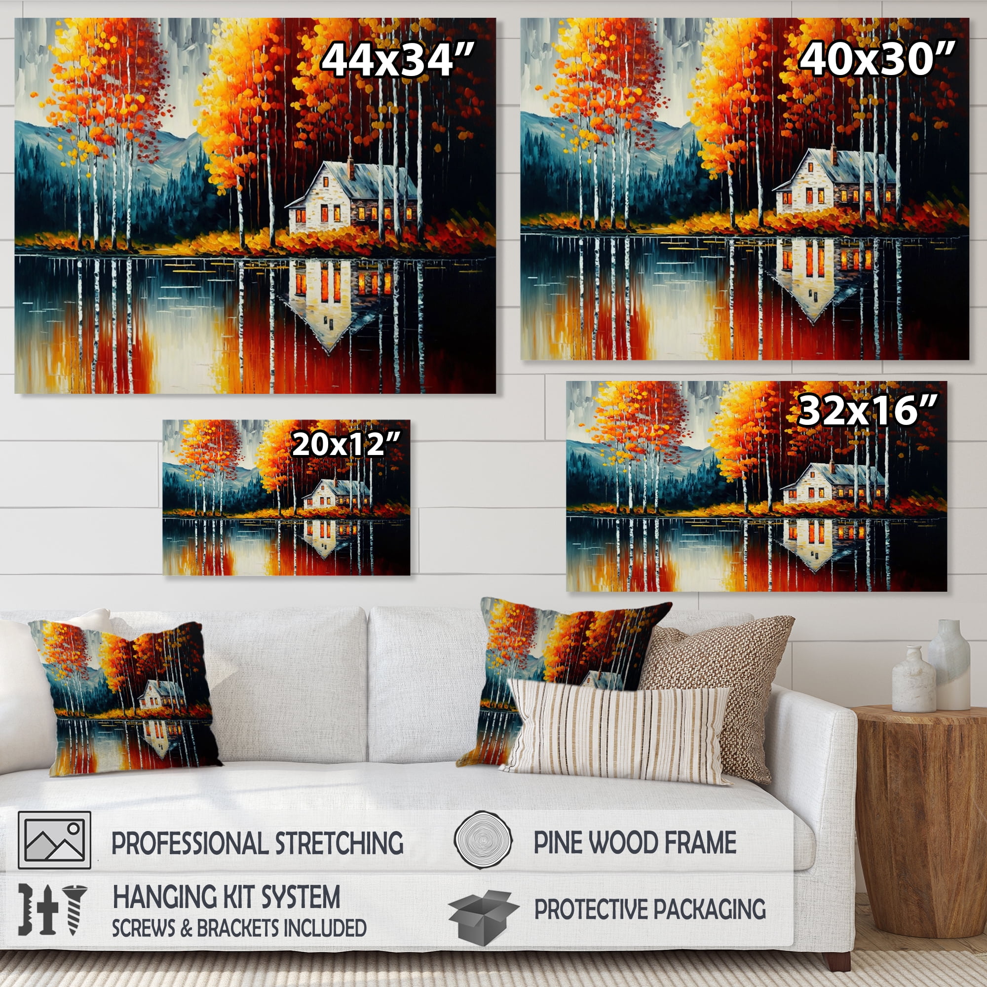 Designart Red And Orange Lake House With Birch Trees Canvas Wall Art