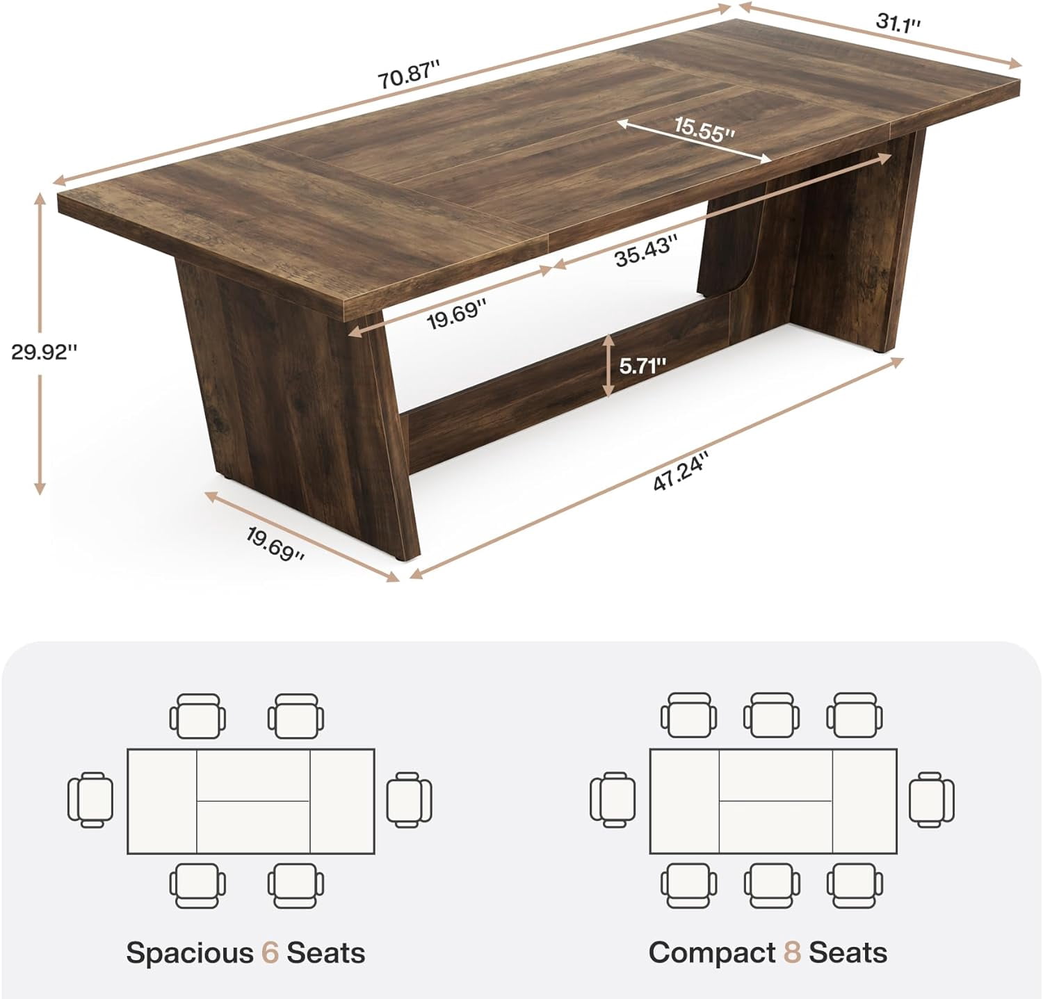 Tribesigns 70.87-Inch Rectangular Dining Table in Farmhouse Style, Solid Wood, Seats 6-8, Brown