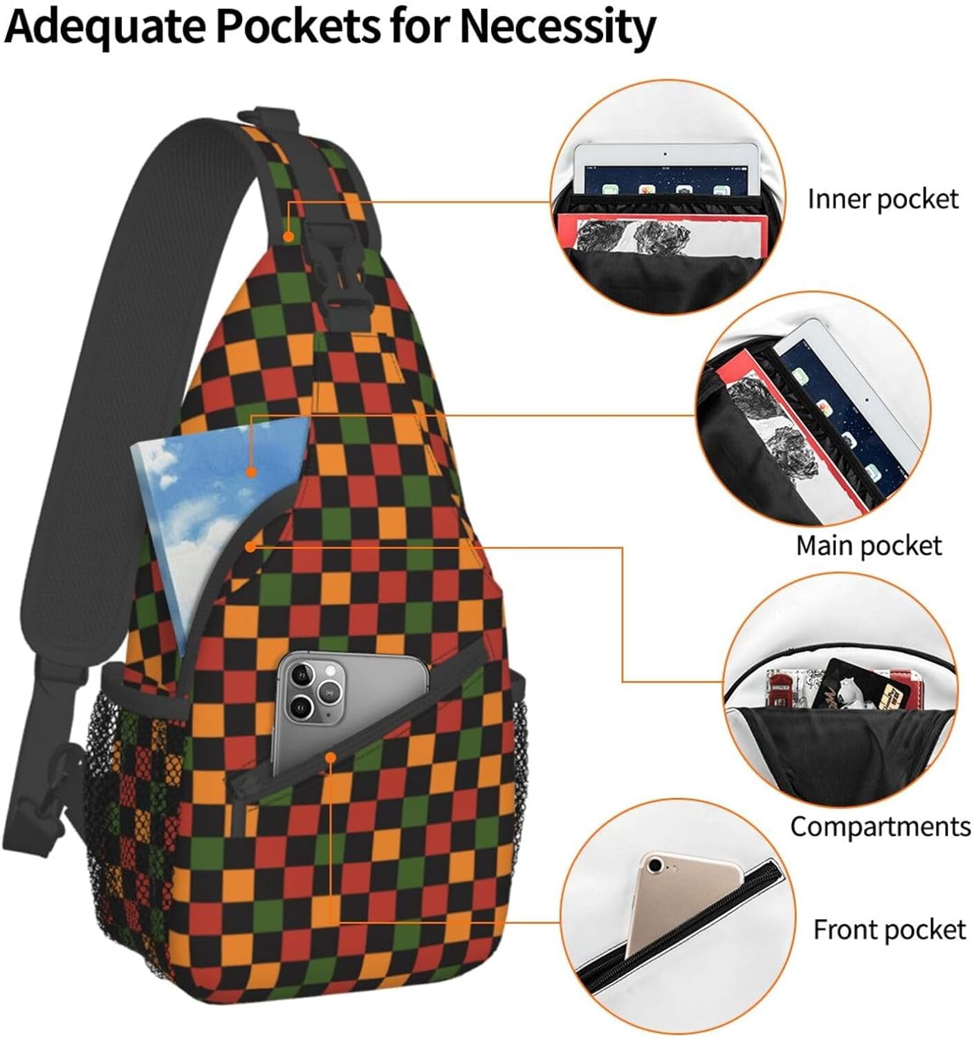 Cute Retro Vintage Christmas Checkerboard Y2k Sling Bag Crossbody Hiking Travel Chest Bags Backpack Shoulder Daypack for Women Men
