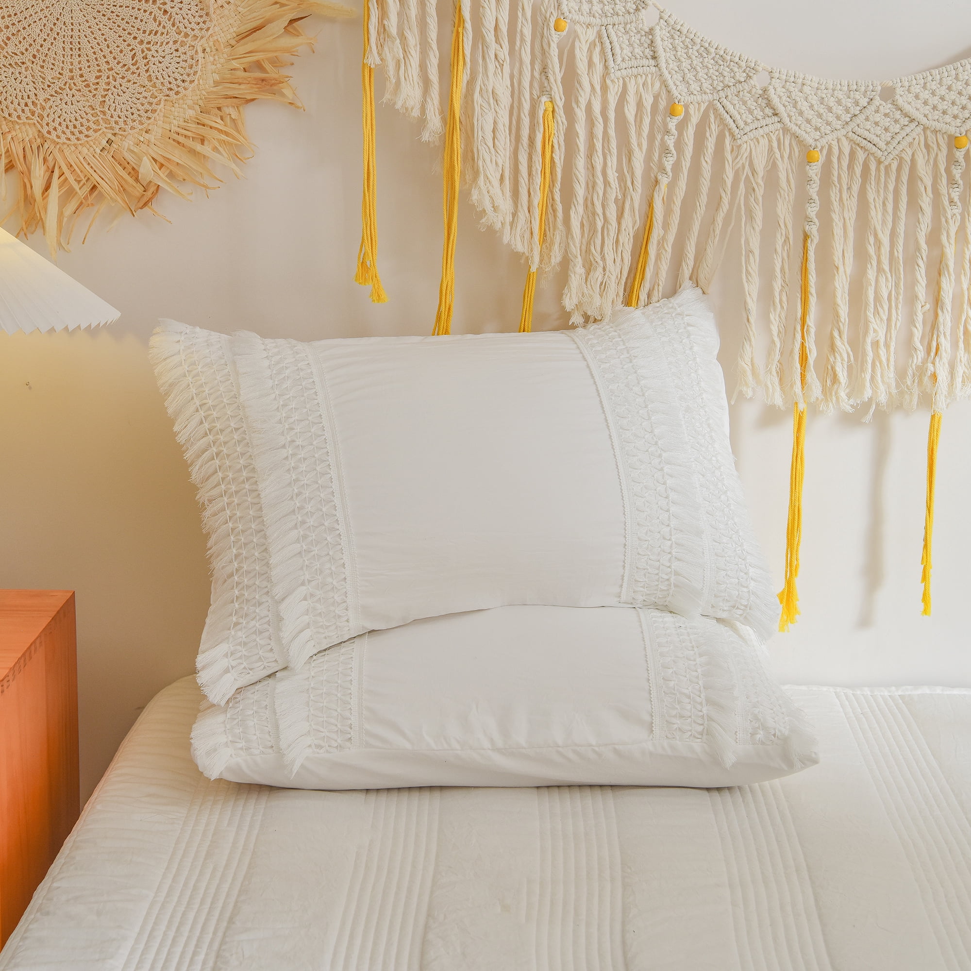 Move Over White Macrame Tassel Bedding Sets Queen Boho Chic Washed Microfiber Tassel Patern Duvet Cover No Filling