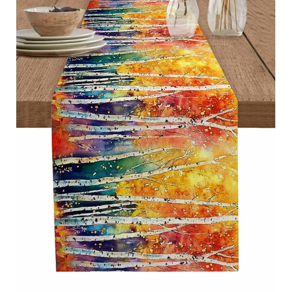 Orange Yellow Forest Table Runner Cotton Linen 48 Inch Holiday Dresser Scarves, Abstract Watercolor Leaf Branch Tablerunner for Kitchen Coffee Dining Bedroom Living Room Dinner Scarf Décor 13''x48''