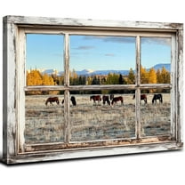 Fake Window Wall Art Nature Mountains Landscape Poster Wilderness Horse Canvas Print for Living Room Vintage Country Animals Picture Sunset Forest Scenery Artwork Office Bedroom Home Decoration 12x16