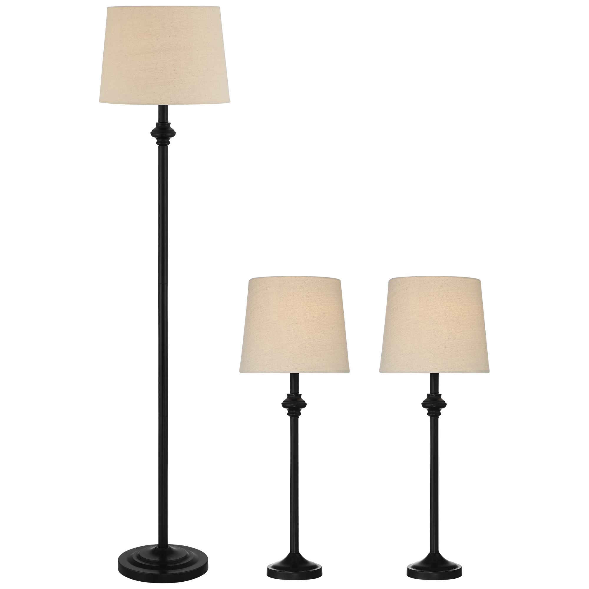 360 Lighting Carter Rustic Farmhouse 3 Piece Table Floor Lamp Set Black Metal Cream Fabric Tapered Drum Shade for Living Room Bedroom Office House
