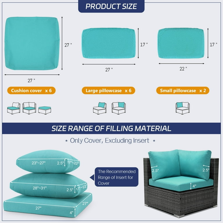 RADIATA Slipcovers, Teal Blue Olefin Cushion Covers for Patio