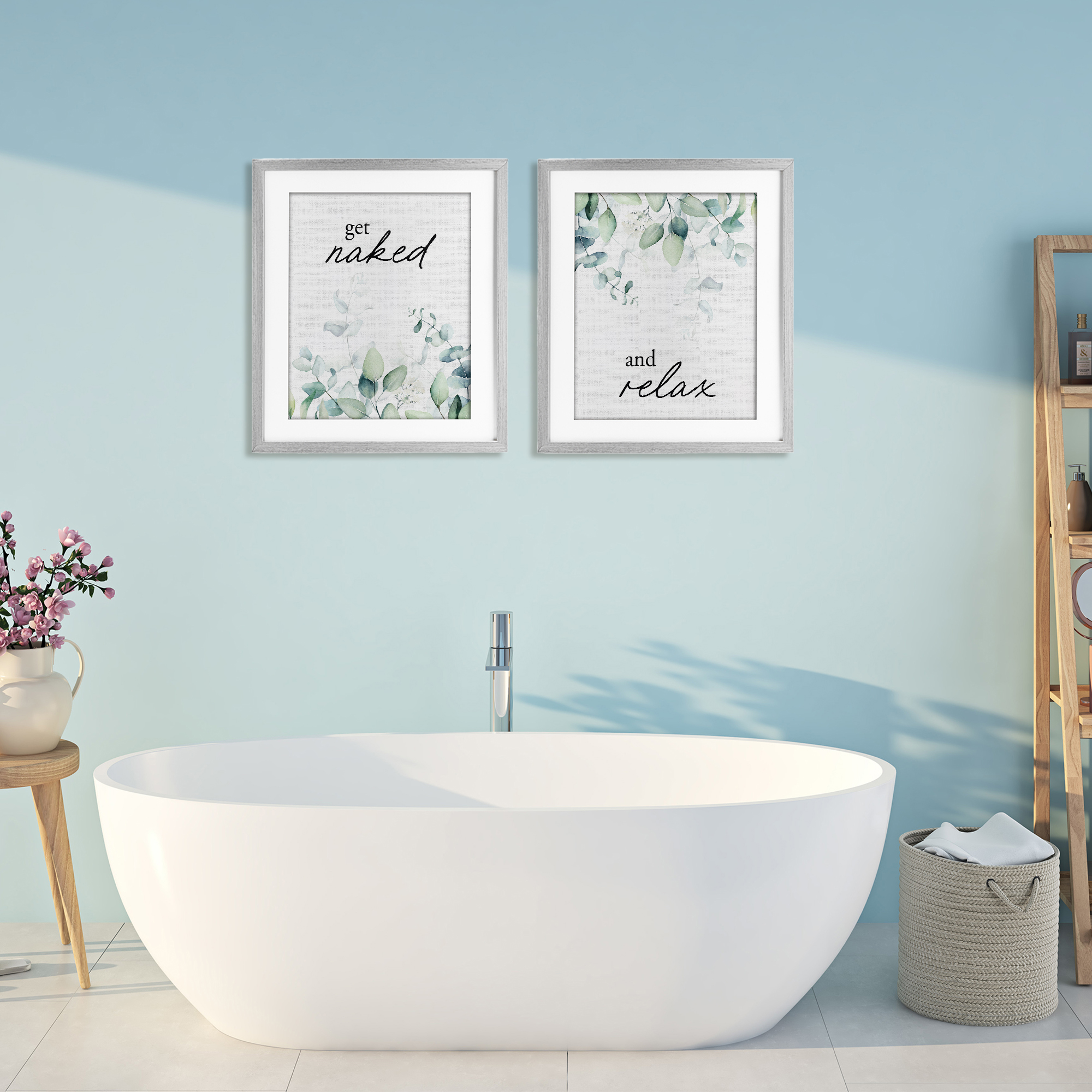 Get Naked & Relax Herbs 2 Piece Gray Framed Print Under Glass Set, design by Lettered and Lined