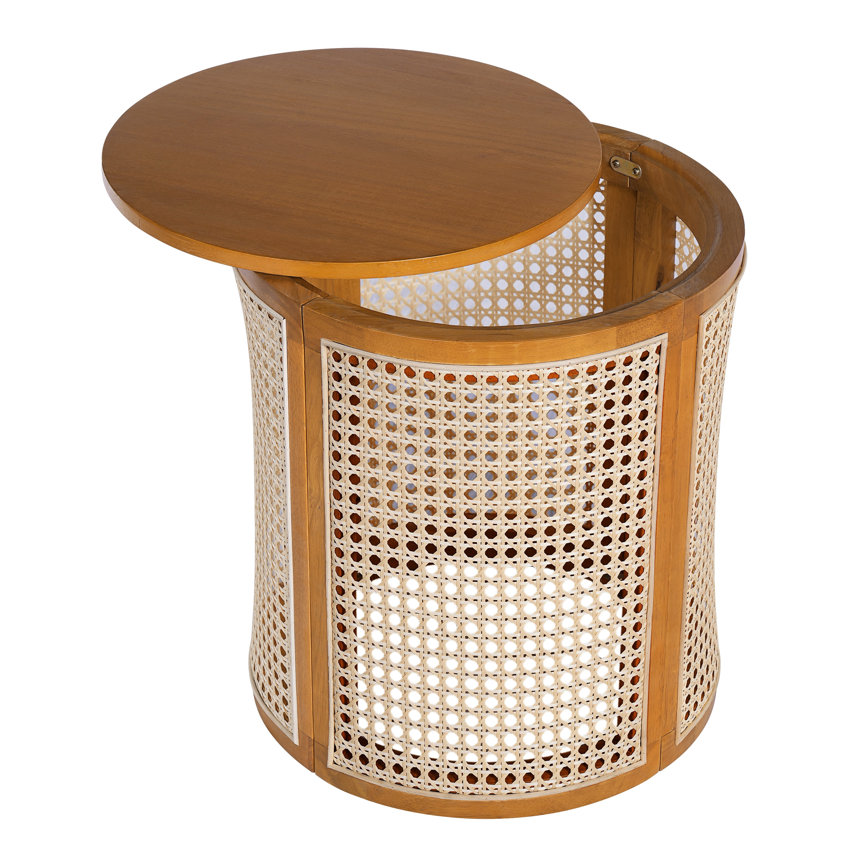 GARITIN Round End Table 15.7 Inch, Woven Rattan Style Side Table with Rubber Wood Frame for Living Room Bedroom, Ochre