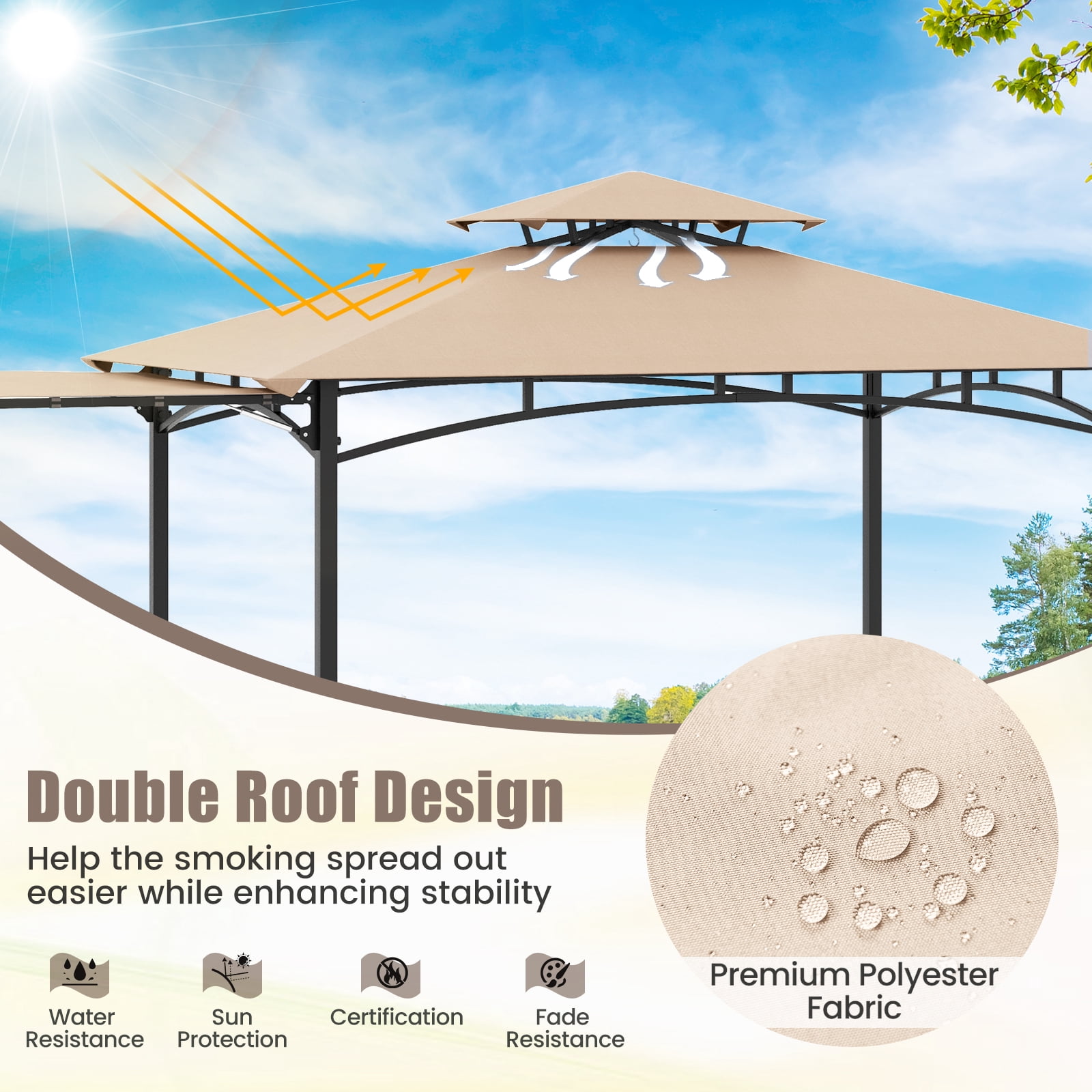 Gymax 11 x 5 FT Grill BBQ Gazebo w/ Side Awning Double-Tiered Top 2 Side Shelves Beige