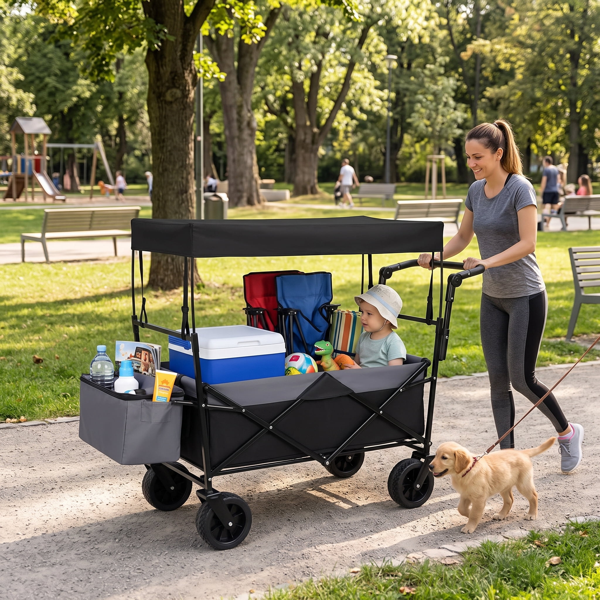 Collapsible Wagon with Push Handle & Canopy, Black, 480LBS Heavy-Duty Folding Cart, 7"×4" All-Terrain Wheels, Large Capacity for Camping, Shopping, Garden
